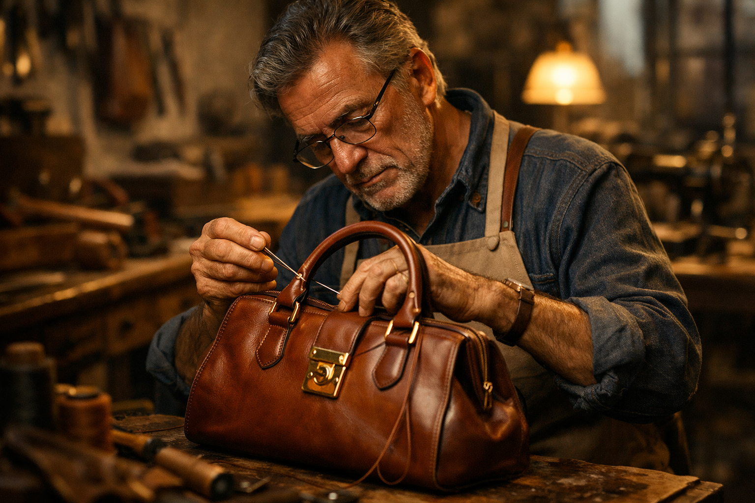 Master craftsman working on leather bag
